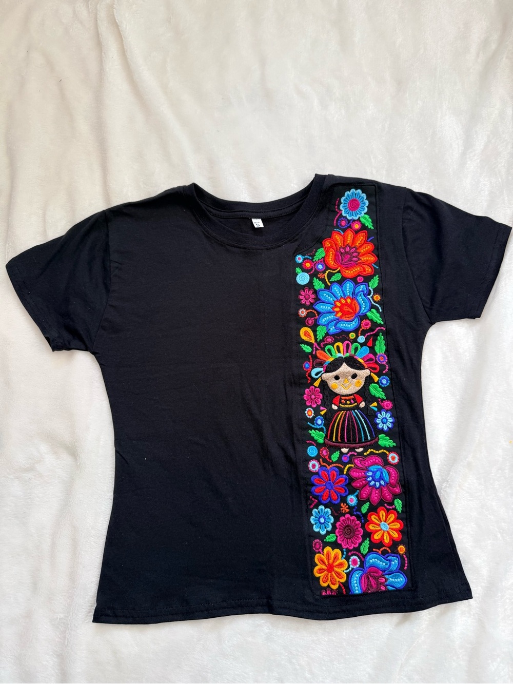MEXICANA Black Tee with Bright Multicolor Embroidered Folk Panel